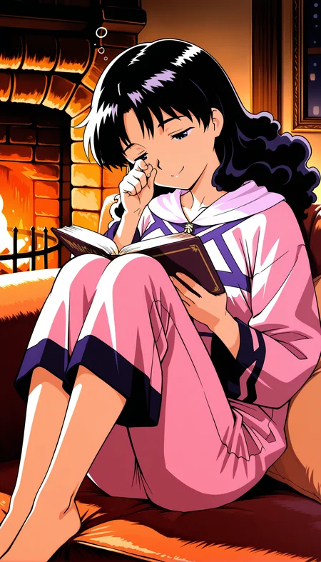 masterpiece,best quality,amazing quality, 1girl, mia_ausa, pajamas, hot cocoa, sitting on couch, legs curled up, reading, sleepy, fireplace, smile