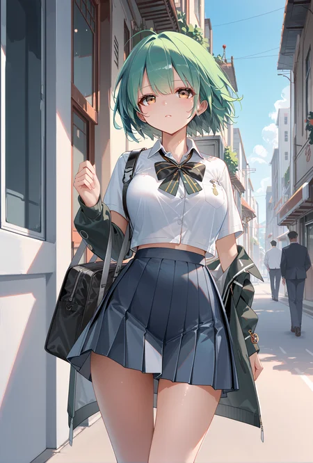 score_9, score_8_up, score_7_up,
admiral nakhimov (azur lane), 1girl, green hair,yellow eyes,
middle eastern architecture, street,
school uniform, <lora:NakhimovXLPony:0.7>