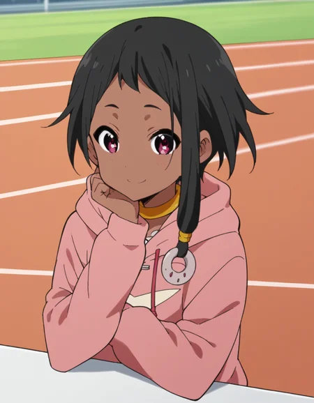 score_9, score_8_up, score_7_up, source_anime, <lora:choi-mochimazzi-s1-ponyxl-lora-nochekaiser:1>, choi mochimazzi, short hair, black hair, dark skin, dark-skinned female, pink eyes, sidelocks, jewelry, hoodie, pink hoodie, skirt,, running track, lanes, red, exercise, race, smile, sitting, head rest, table,, looking at viewer, solo,, dutch angle, cowboy shot