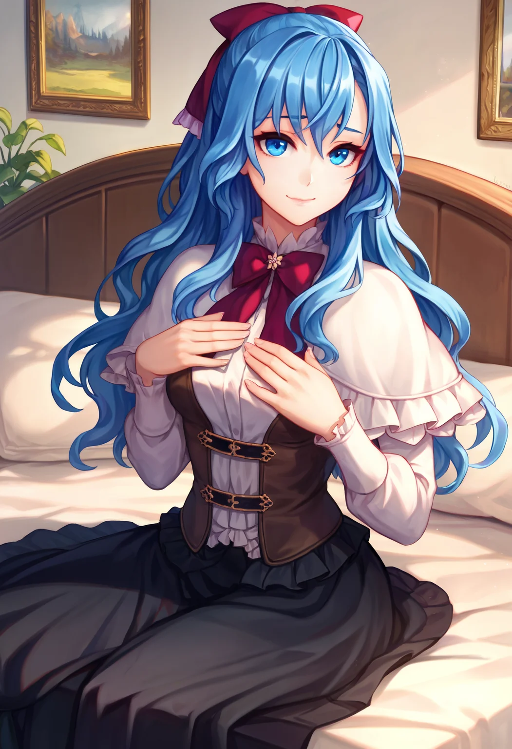 zPDXL, 1girl, solo, BREAK
liselotte, blue hair, blue eyes,
closed mouth,
bowtie, capelet, corset, long skirt, black skirt,
sitting, hands on own chest, 
indoors, bedroom, 
<lora:BrainwashSlider_seductive_000000950:3> <lora:liselotte-ot6-1320:0.8> <lora:CorruptionSlider7_mk2_000000850:0>