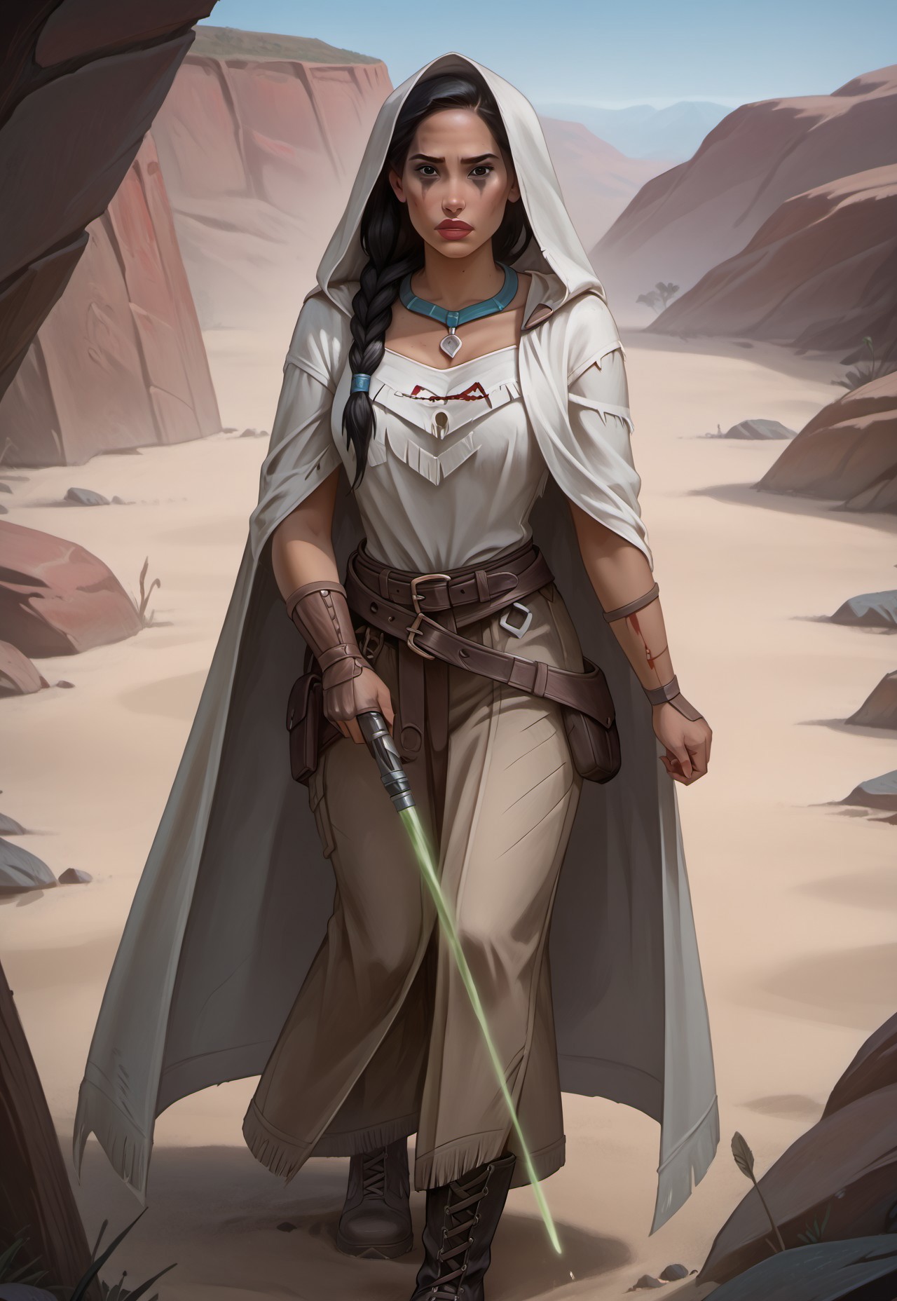 safe_pos, ((zPDXL3)), OZRN, digital art, score_9,score_8_up,score_7_up,score_6_up, face focus, waist-up portrait, absurdres, masterpiece, high res, detailed, 
1girl, solo, (((DisneyPocahontas, 1girl, black hair, black eyes, long hair, dark skin))), necklace, feathers, lips, dark skin, Native American, 1girl, long hair, native american, dark skin, feathers, hair ornament, jewelry, necklace, tribal, headdress, facepaint, braid, poncho, (d4rkr3v4n4rm0r, white robe, cape, hood down, breastplate, gauntlets, belt, pants, belt boots), (holding lightsaber, green lightsaber), calm expression, makeup, beautiful woman, action pose,
BattleDamage, cuts, bruises,
in danger, distressed, alarmed, (combat stance), 
dramatic, danger, dutch angle, dof, sand desert background, perfect, Hand, detailed, perfection, hands, 
<lora:bastilashan:1> <lora:Battle_Damage:0.3> <lora:hand 4:0.5>