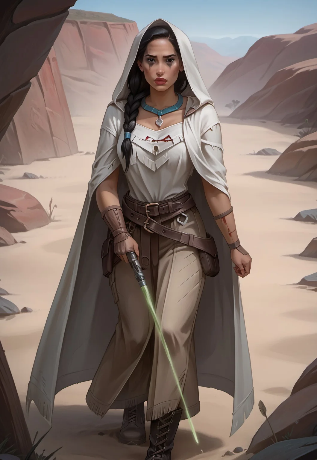 safe_pos, ((zPDXL3)), OZRN, digital art, score_9,score_8_up,score_7_up,score_6_up, face focus, waist-up portrait, absurdres, masterpiece, high res, detailed, 
1girl, solo, (((DisneyPocahontas, 1girl, black hair, black eyes, long hair, dark skin))), necklace, feathers, lips, dark skin, Native American, 1girl, long hair, native american, dark skin, feathers, hair ornament, jewelry, necklace, tribal, headdress, facepaint, braid, poncho, (d4rkr3v4n4rm0r, white robe, cape, hood down, breastplate, gauntlets, belt, pants, belt boots), (holding lightsaber, green lightsaber), calm expression, makeup, beautiful woman, action pose,
BattleDamage, cuts, bruises,
in danger, distressed, alarmed, (combat stance), 
dramatic, danger, dutch angle, dof, sand desert background, perfect, Hand, detailed, perfection, hands, 
<lora:bastilashan:1> <lora:Battle_Damage:0.3> <lora:hand 4:0.5>