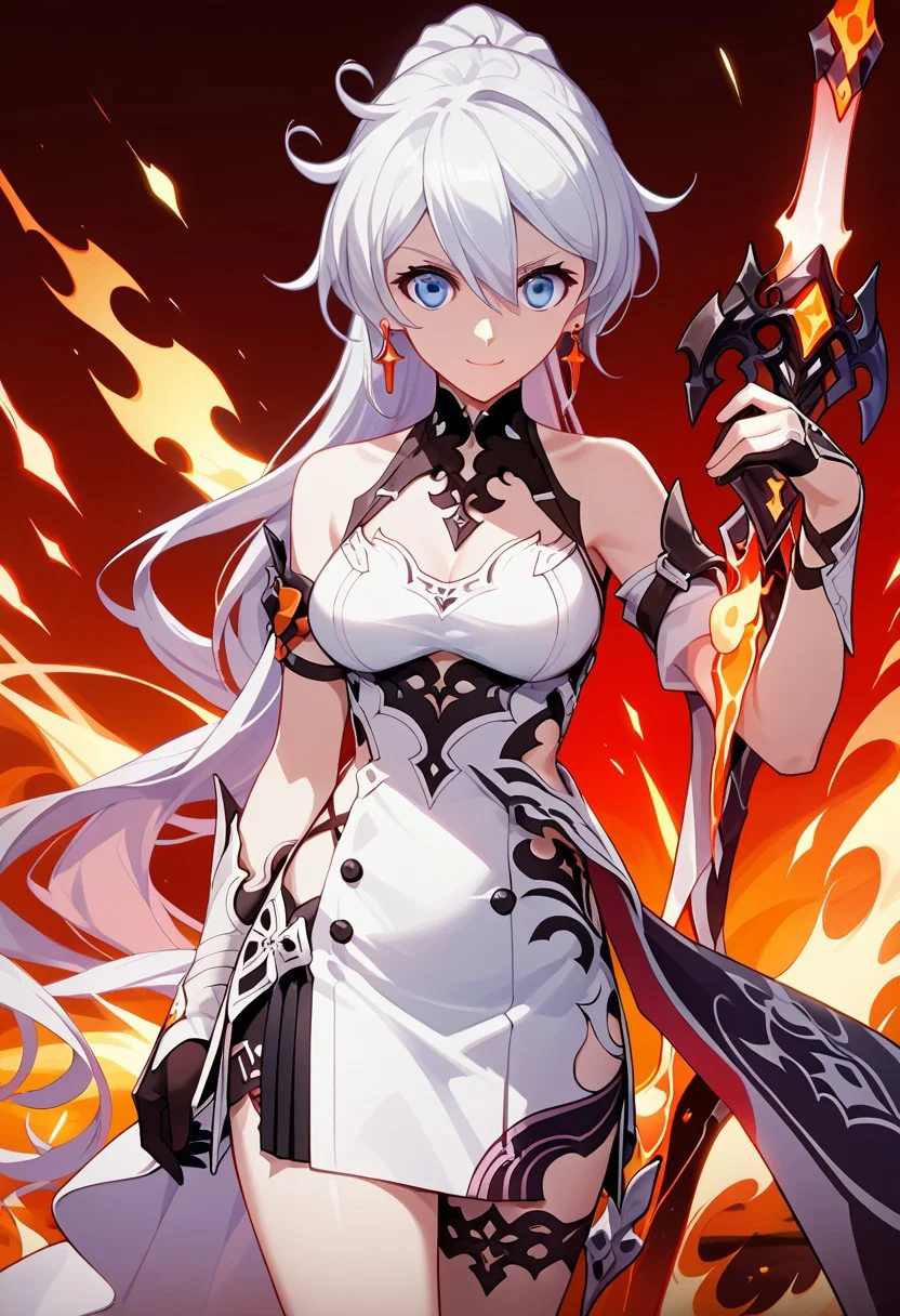 score_9,score_8_up,score_7_up,source_anime,Kiana Kaslana,1girl,solo,breasts,looking at viewer,smile,hair ornament,holding,closed mouth,jewelry,ponytail,weapon,earrings,sword,holding weapon,holding sword,flaming weapon,