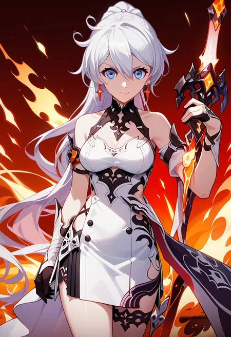 score_9,score_8_up,score_7_up,source_anime,Kiana Kaslana,1girl,solo,breasts,looking at viewer,smile,hair ornament,holding,closed mouth,jewelry,ponytail,weapon,earrings,sword,holding weapon,holding sword,flaming weapon,
