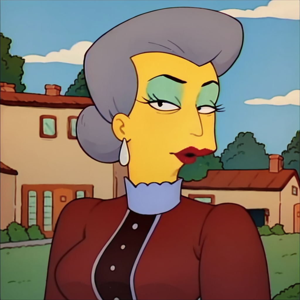 score_9, score_8_up, score_7_up, score_6_up, score_5_up, score_4_up, 1girl, yellow skin, eyeshadow, earrings, lipstick, grey hair, large breasts, narrow waist, wide hips, looking at viewer, masterpiece, high quality, highres,  <lora:Belle_Simpsons:1>