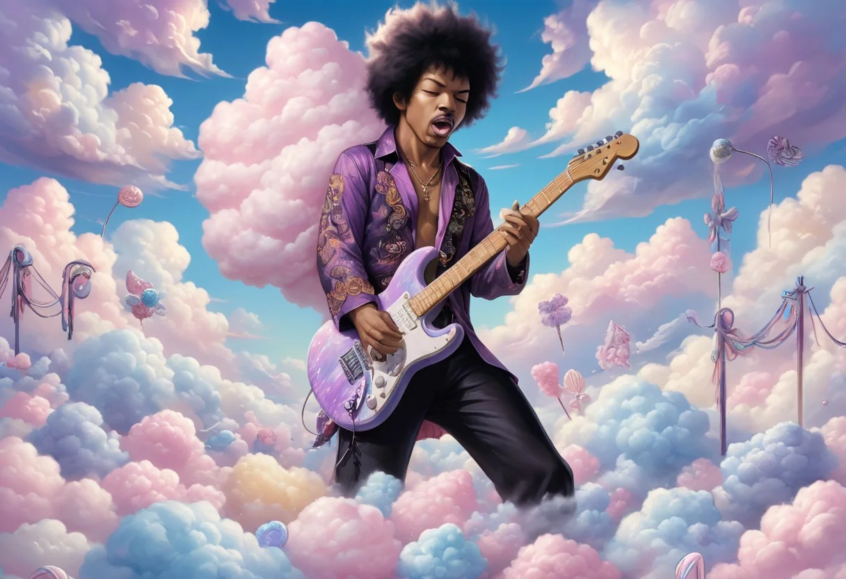 cottoncandy, action shot, detailed, Jimi Hendrix playing guitar made of purple cottoncandy, surrounded by transparent multicolor clouds made of cotton candy