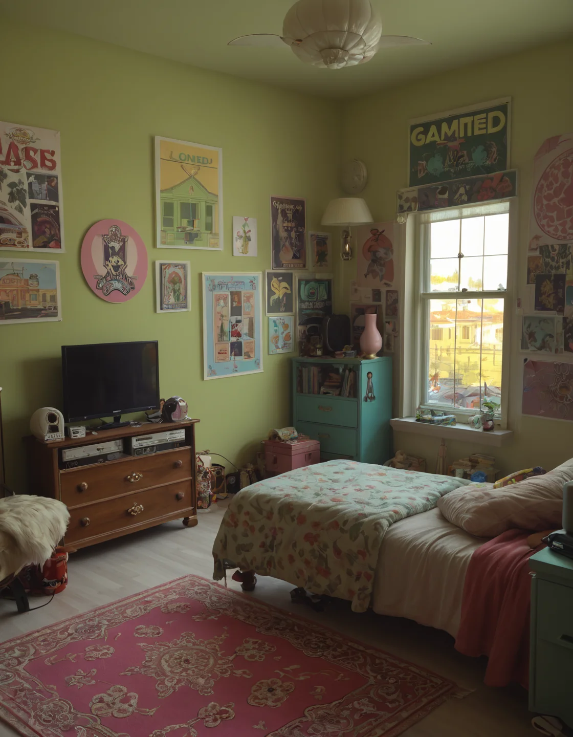 score_9, score_8_up, score_7_up,
loaded interior, m4x1m4l, indoors, bedroom, day, window, table, bed, green walls,
door, lamp, carpet, rug, wallpaper (object), tv, crt, games, game console, posters,
<lora:maximalism-m4x1m4l-indoors-Pony-v1:1>
