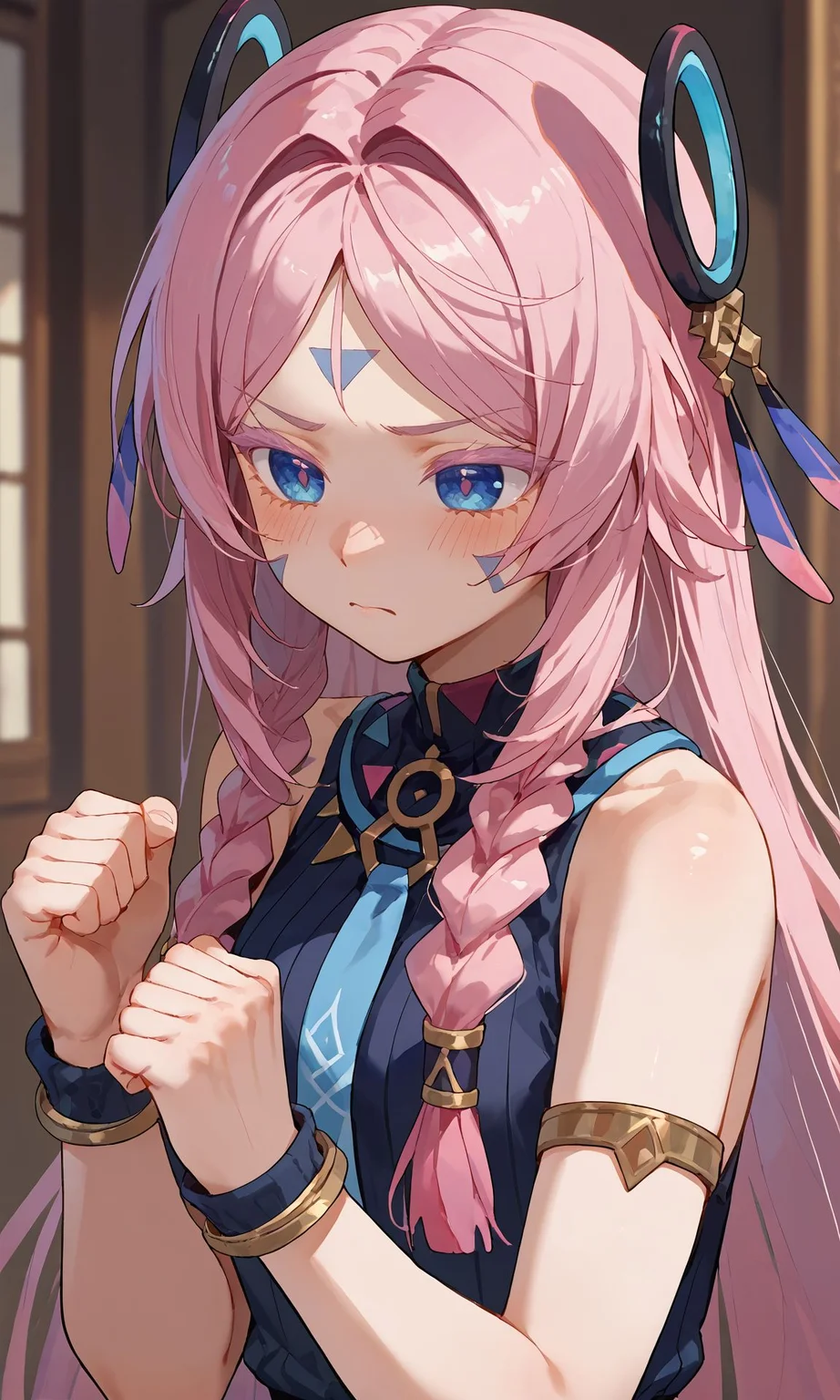 score_9,score_8_up,score_7_up,<lora:citlali_genshin_impact_pdxl_goofy:1>citlali, 1girl, :i, bare shoulders, blue eyes, blush, bracelet, clenched hands, colored eyelashes, facial mark, forehead mark, hands up, jewelry, long hair, pink hair, sleeveless, upper body, very long hair