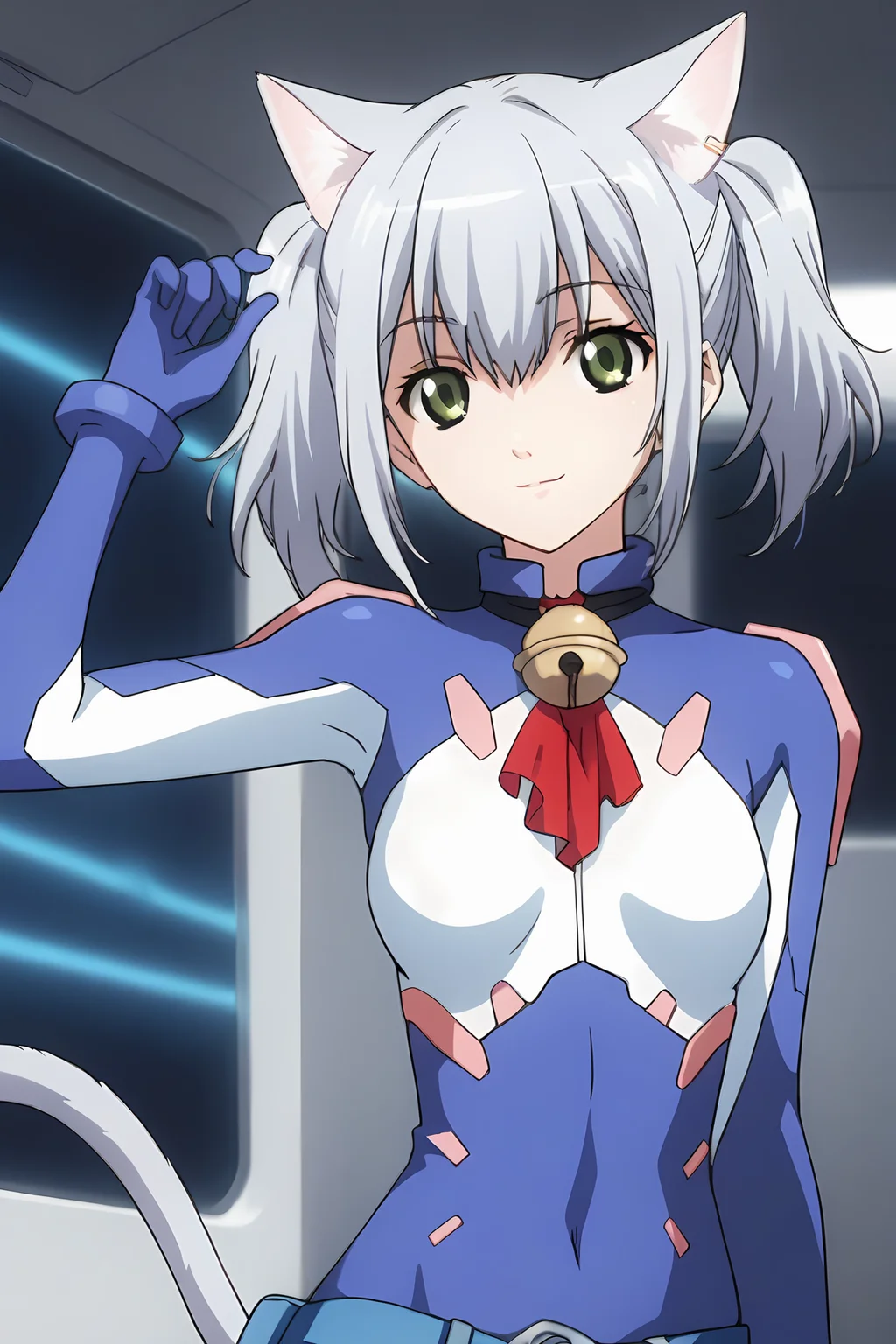 (blue bodysuit belt:1.50), cpc-chaika, short hair, short twintails, bangs, sidelocks, grey hair, hair between eyes, green eyes, cat ears, cat tail, neck bell,
1girl, solo, skinny, (source_anime, score_9, score_8_up, score_8, score_7_up), score_7, score_6_up, score_6, score_5_up, score_5, 
(light smile:1.10),
(spacecraft:1.30),
(straight-on:1.20), (:1.20),
medium breasts
<lora:cpc-chaika-V01-000003:0.90>