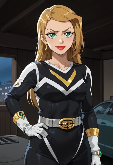 score_9, score_8_up, score_7_up, BREAK,
1girl, solo, Sarah, green eyes, blonde hair, long hair, hairclip, earrings, lipstick, muscular, medium breasts, narrow waist, wide hips, sentaisaintforce, black bodysuit, silver belt, white gloves, spandex, m-shaped chest symbol, helmet removed, no headwear,BREAK,
cowboy shot, smug, half-closed eyes, standing, hand on hip, indoors, garage, night,