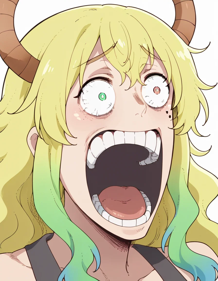 score_9, score_8_up, score_7_up, source_anime, <lora:dragon-lucoa-s2-ponyxl-lora-nochekaiser:1>, lucoa, blonde hair, blue hair, dragon girl, gradient hair, green hair, horns, huge breasts, multicolored hair, yellow pupils, heterochromia,, <lora:enel-face-ponyxl-lora-nochekaiser:1> enel face, open mouth, wide-eyed, teeth, tongue,, , ,