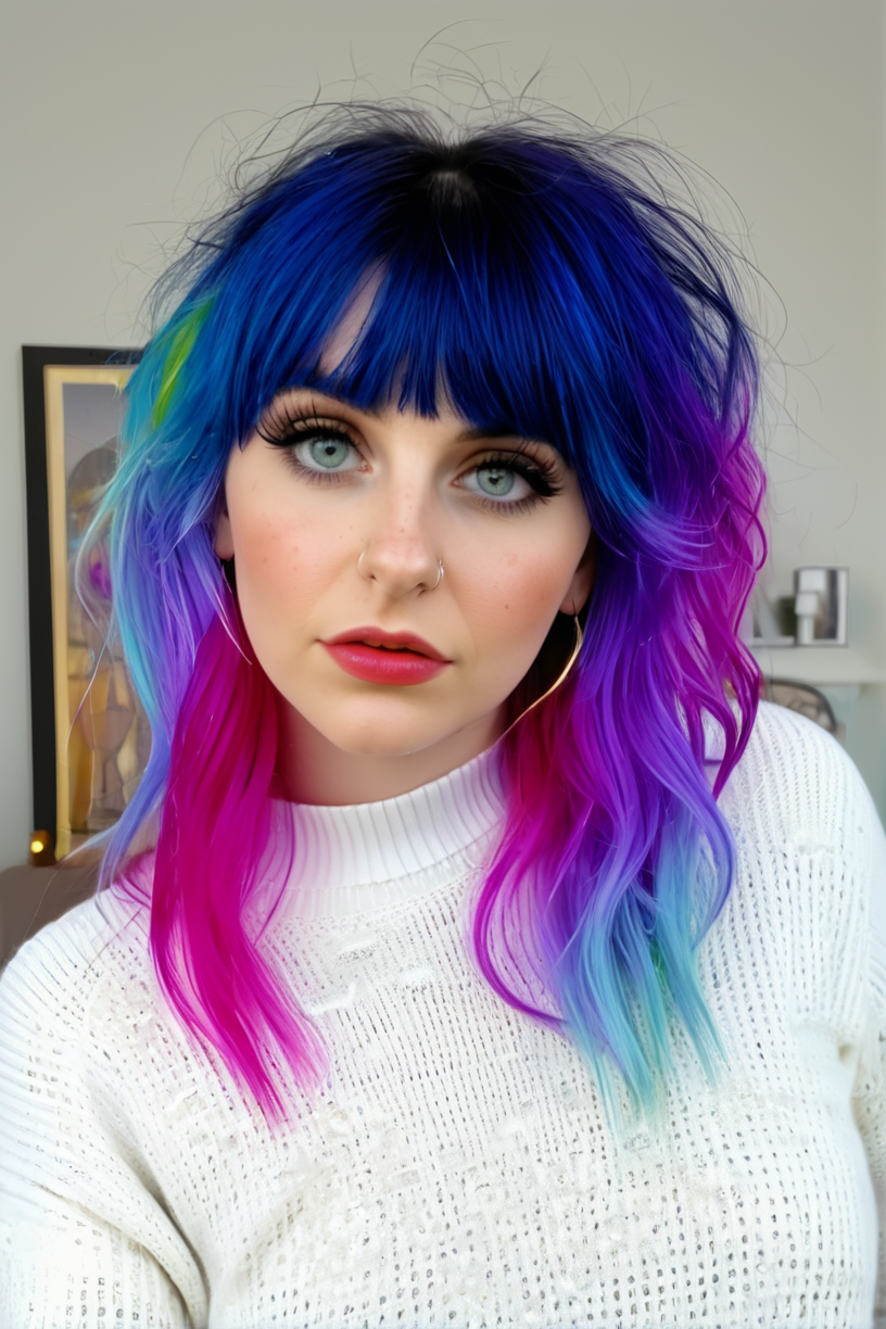 beautiful girl with vivid rainbow colored hair, (wolfcut:1.1), very long hair,  layered hair, (bangs:0.7),  (disheveled:1.3),
arms behind back, leaning forward,
Wrapped in a white knitted sweater, accented by cute jewelry, emanating an adorable aura, (cinematic, cinematic shot),
<lora:concept_hairstyle_wolfCut_sdxl_v10-wolfCut:0.9> 
BREAK
background festival, carnival, fireworks, realistic photograph, professional photographer, depth of field,