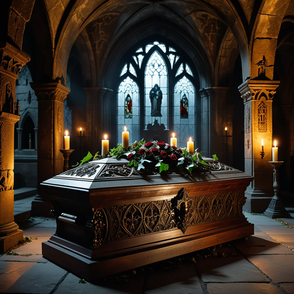 horror-themed A dramatic and atmospheric photograph of the interior of an ancient crypt, dimly lit by flickering candlelight. The crypt features old, cracked stone walls covered in moss and ivy, with intricate carvings and Gothic details etched into the stone. At the center of the crypt lies an ornate vampire coffin, made of dark, polished wood with silver and gold inlays, adorned with ancient symbols and intricate Gothic patterns. The coffin is slightly ajar, revealing a glimpse of red velvet lining. Surrounding the coffin are scattered bones, dusty cobwebs, and antique candelabras with melting candles, casting eerie shadows across the crypt. The mood is dark, mysterious, and hauntingly beautiful, with subtle rays of pale moonlight filtering through a small, broken stained-glass window.
<lora:SDXLFaeTastic2400:0.4> <lora:extremely_detailed:0.4> extremely detailed,, eerie, unsettling, dark, spooky, suspenseful, grim, highly detailed, Masterpiece,best quality,hi res,8k,hi res,8k,award winning,(sharp focus, intricate, highly detailed),