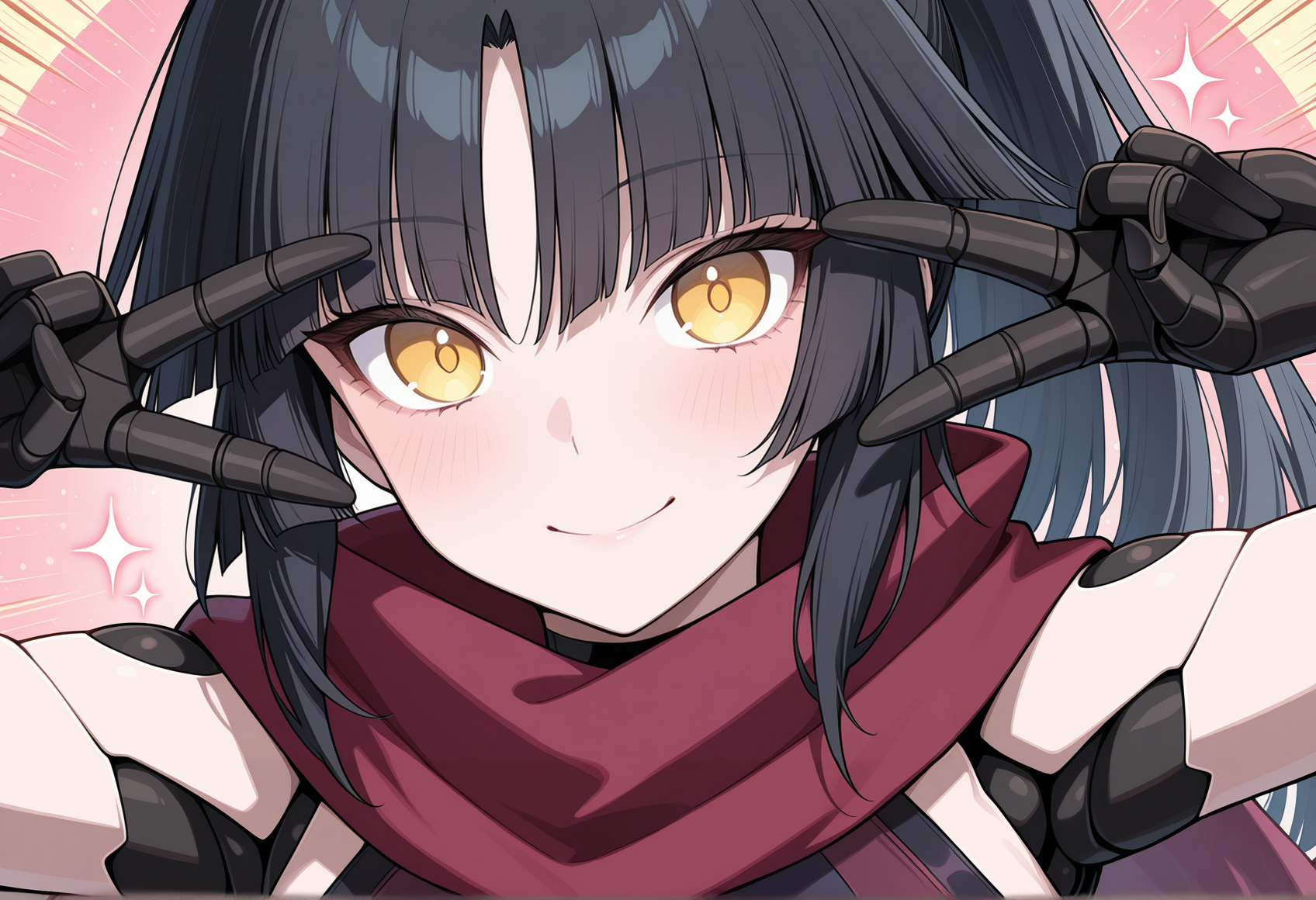 emotional engine - full drive, close-up, portrait, 1girl, solo, black hair, long hair, hime cut, yellow eyes, robot joints, humanoid robot, mechanical arms, scarf, leotard, bare shoulders, ponytail, ribbon, chaps, smile, double v  <lora:kato_danzo:1>, masterpiece, best quality, amazing quality, very aesthetic, absurdres, highres, newest