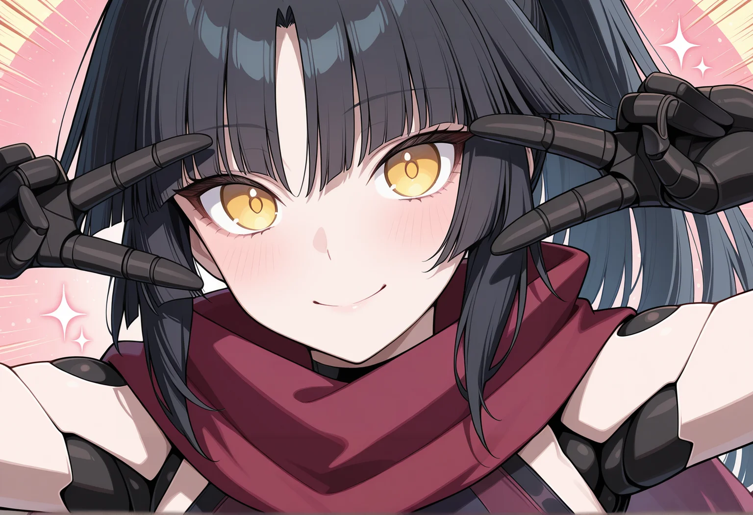 emotional engine - full drive, close-up, portrait, 1girl, solo, black hair, long hair, hime cut, yellow eyes, robot joints, humanoid robot, mechanical arms, scarf, leotard, bare shoulders, ponytail, ribbon, chaps, smile, double v <lora:kato_danzo:1>, masterpiece, best quality, amazing quality, very aesthetic, absurdres, highres, newest