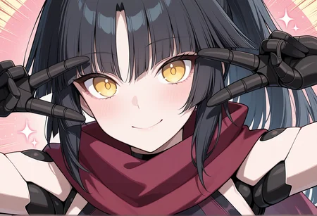 emotional engine - full drive, close-up, portrait, 1girl, solo, black hair, long hair, hime cut, yellow eyes, robot joints, humanoid robot, mechanical arms, scarf, leotard, bare shoulders, ponytail, ribbon, chaps, smile, double v <lora:kato_danzo:1>, masterpiece, best quality, amazing quality, very aesthetic, absurdres, highres, newest