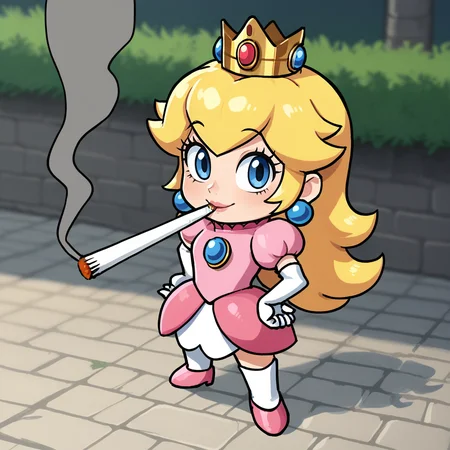 score_9, score_8_up, score_7_up, score_6_up, score_5_up, score_4_up, zPDXL2,source_anime,rating_questionable,princess peach , outdoors, smile, <lora:DoobieRalsei:0.8> dubi3, full body, standing, chibi, looking at viewer, hands on own hips, cigarette, smoke