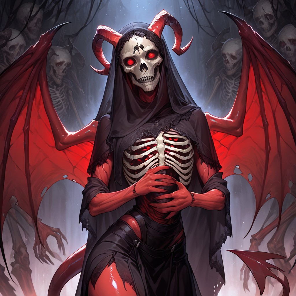 masterpiece, best quality, newest, absurdres, highres, 
HFMV1.0, 1girl, red skin, red colored skin, demon girl, succubus, demon horns, horns, demon wings, demon tail, wings, horror (theme), monster girl, skull, skull mask, bones, skeleton, veil, veiled face, mask,