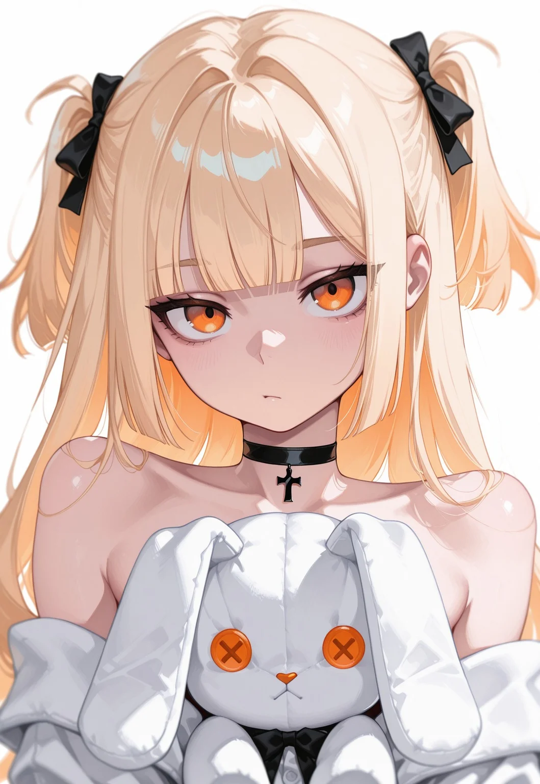 1girl, original, bare shoulders, black choker, blonde hair, blunt bangs, choker, long hair, looking at viewer, orange eyes, solo, stuffed animal, stuffed rabbit, stuffed toy, two side up, upper body, white_background,
BREAK
masterpiece, best quality, amazing quality, newest, absurdres,