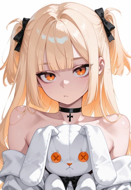 1girl, original, bare shoulders, black choker, blonde hair, blunt bangs, choker, long hair, looking at viewer, orange eyes, solo, stuffed animal, stuffed rabbit, stuffed toy, two side up, upper body, white_background,
BREAK
masterpiece, best quality, amazing quality, newest, absurdres,