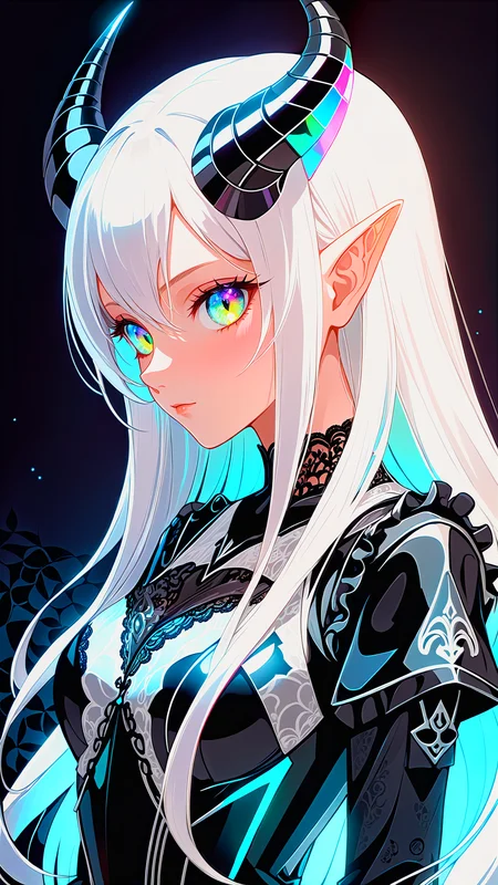 1 robot, organic, glowing eyes, helmet, long hair, white plastic, diffuse lighting, fantasy, intricate, elegant, highly detailed, lifelike, photorealistic, digital painting, artstation, illustration, concept art, smooth, sharp focus, art by John Collier and Albert Aublet and Krenz Cushart and Artem Demura, upper body, by yogisya pale demon girl , prismatic coloring, holographic vibe, chromatic black lace blouse, gothic background, (long straight horns:1.2)