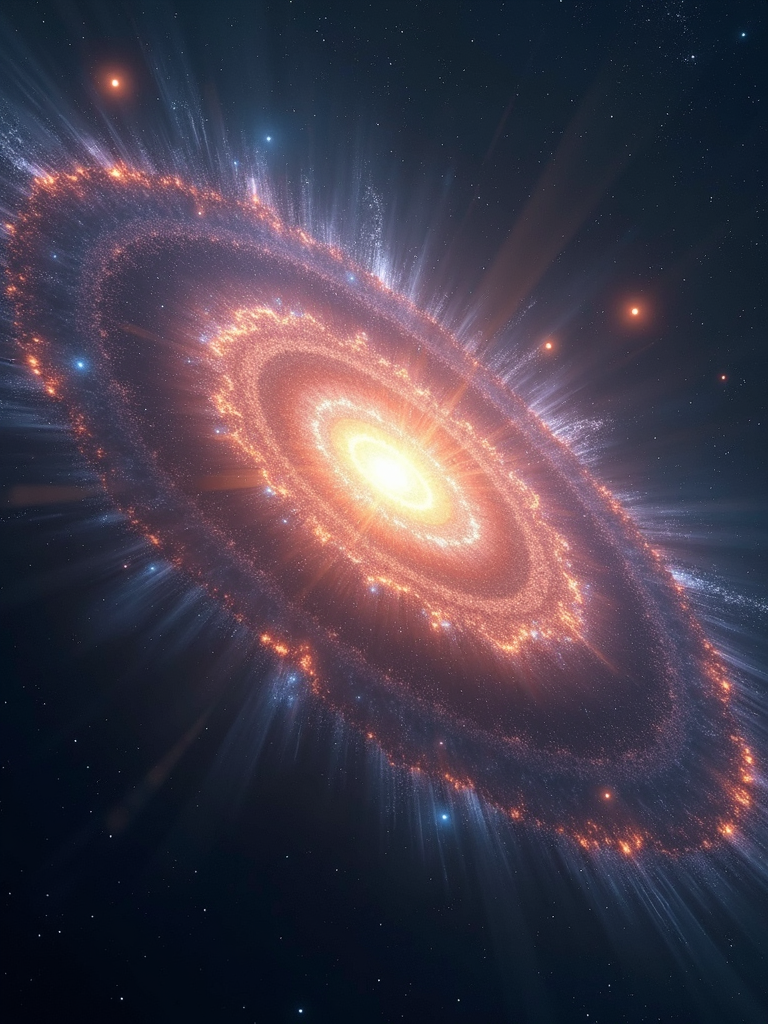 In the endless dark void, a huge spiral galaxy composed of pure energy is slowly rotating. The galaxy is flashing with strange colors. Each ray of light contains unknown information, as if it is the embodiment of cosmic codes.