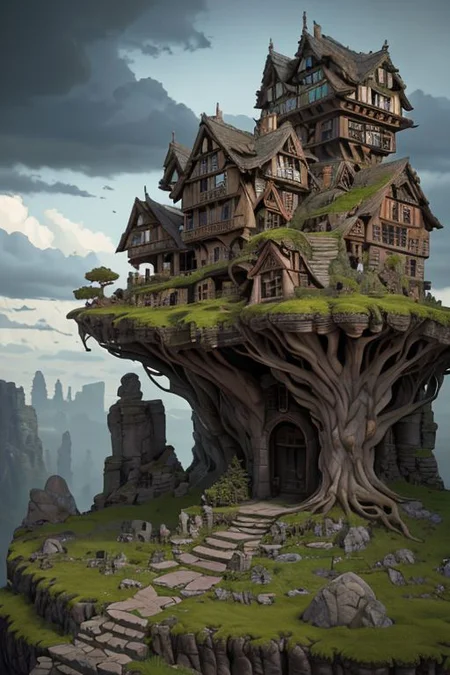goblin's face, made of ancient weathered rock, tall grass, moss, trees, roots, half-timbered houses and stone staircases on the rock, winding upwards, against the sky with clouds, hyperealistic, surrealism, complex concept art, atmospheric, cinematic, very attractive and fabulous