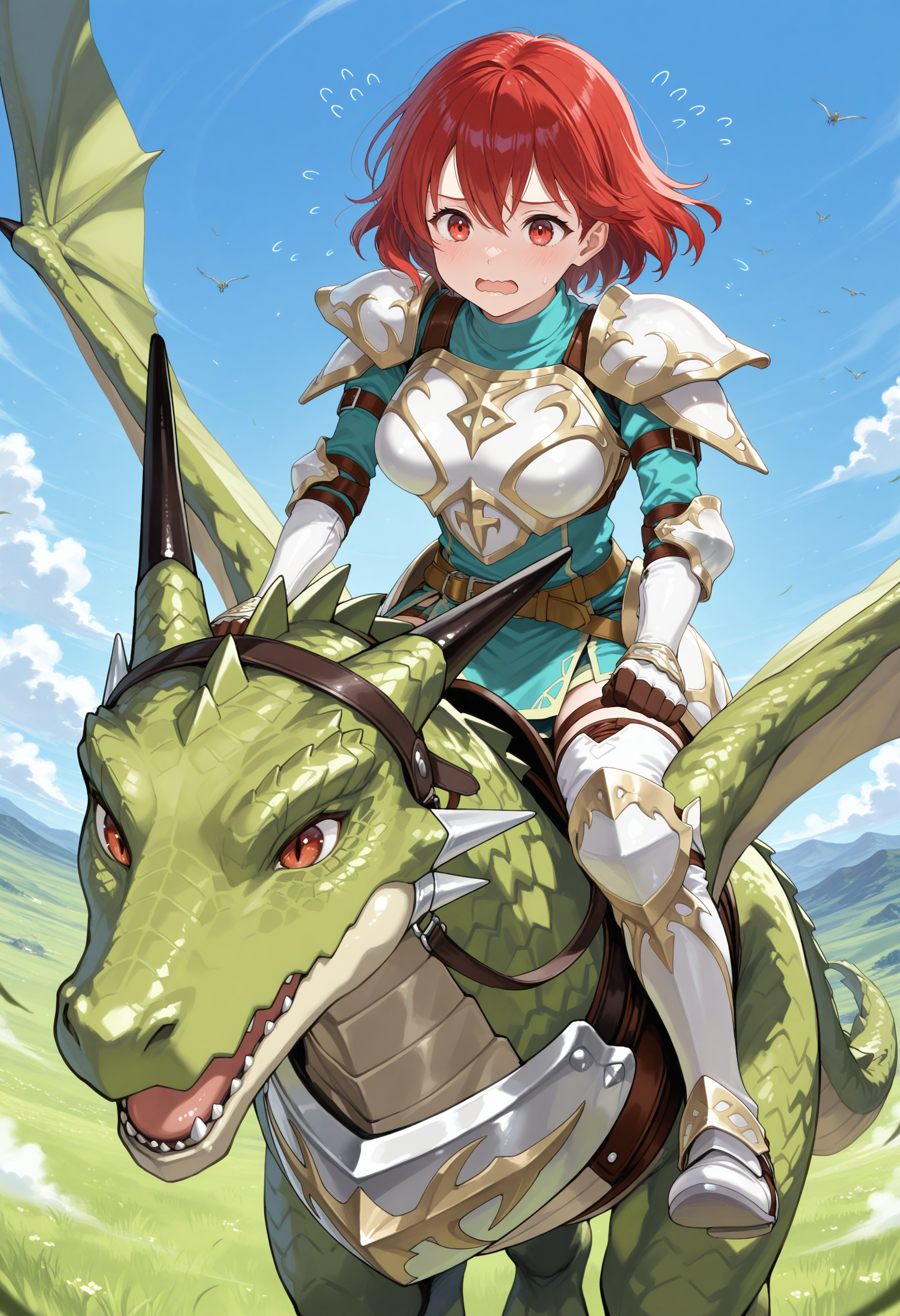 SmoothNoob_Quality,masterpiece,outdoors,sky,flying,1girl,1other,solo,large breasts BREAK wyvern rider,dragon riding,knight,green dragon,flying,breastplate,open mouth,shoulder armor,pegasus knight uniform \(fire emblem\),<lora:wyvern rider-NAI:0.9>,<lora:NOOB_vp1_detailer_by_volnovik_v1:1>,scared,wavy mouth,flying sweatdrops,