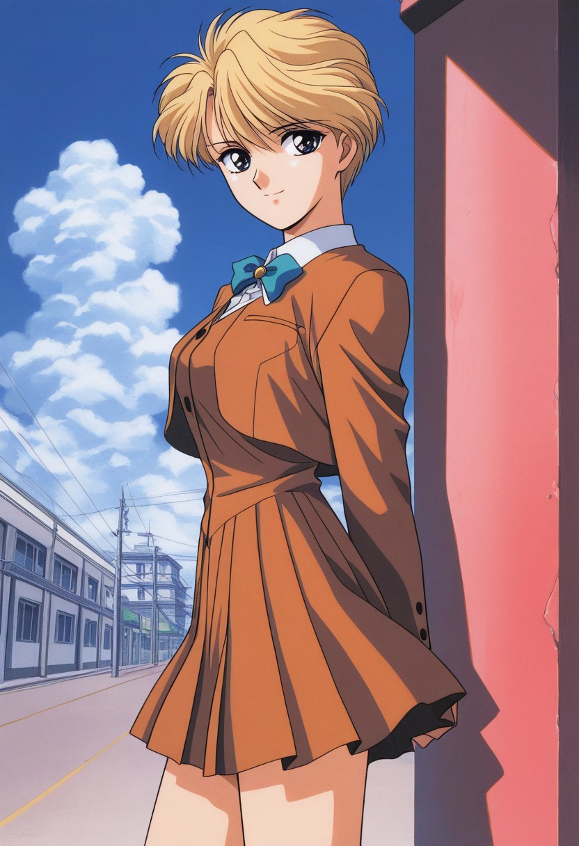 masterpiece, best quality, source_anime,official art,perfect_anatomy,1990s_\(style\),retro_artstyle,yui hongo,1girl,blue eyes,blonde hair,short hair,very short hair,school uniform,ribbon,looking_at_viewer,smile,cowboy shot,thighs,hip,from side,day,blue_sky,cloud
