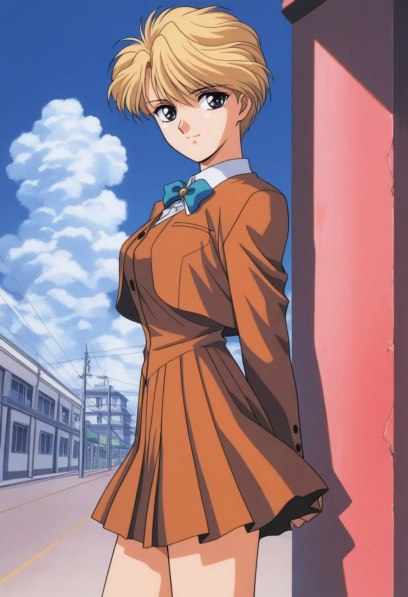 masterpiece, best quality, source_anime,official art,perfect_anatomy,1990s_\(style\),retro_artstyle,yui hongo,1girl,blue eyes,blonde hair,short hair,very short hair,school uniform,ribbon,looking_at_viewer,smile,cowboy shot,thighs,hip,from side,day,blue_sky,cloud