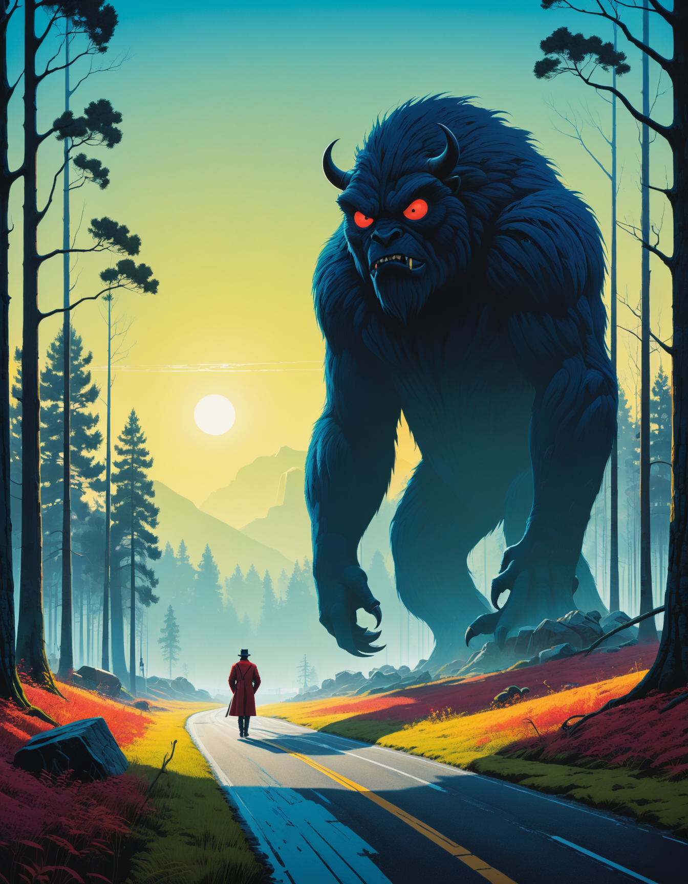 by Eyvind Earle and Simon Stålenhag,  (majestic , pleasant , masterful:1.4), poster art, bold lines, hyper detailed, expressive,  award winning,  (monster:1.4), (intricate details, masterpiece, best quality:1.4),
bokeh , looking at viewer, dynamic pose, wide angle view,
<lora:add-detail-xl:1> <lora:xl_more_art-full_v1:0.5> <lora:looking_at_viewer:2>