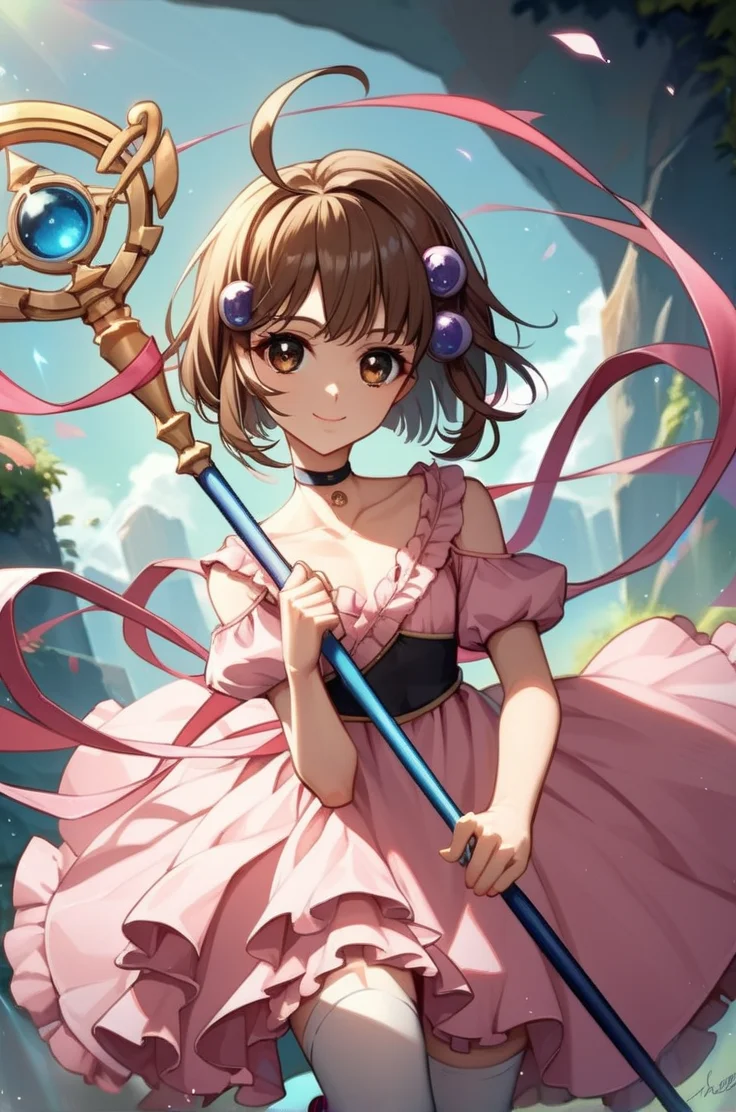 score_9, score_8_up, score_7_up, very aesthetic, source_anime, detailed, high quality, beautiful, masterpiece, detailed eyes,
<lora:lightXL:0.8>
magic effect, blurry background
cowboy shot, close up, dynamic angle
flat chest, light smile, dynamic pose, holding staff,
<lora:reala_autismConfetti_v01:0.99>
reala \(tales\), 1girl, brown hair, hair ornament, brown eyes, ahoge, short hair,
choker, pink dress, frills, ribbon, collarbone, white thigh highs, pink footwear, zettai ryouiki,, zPDXL