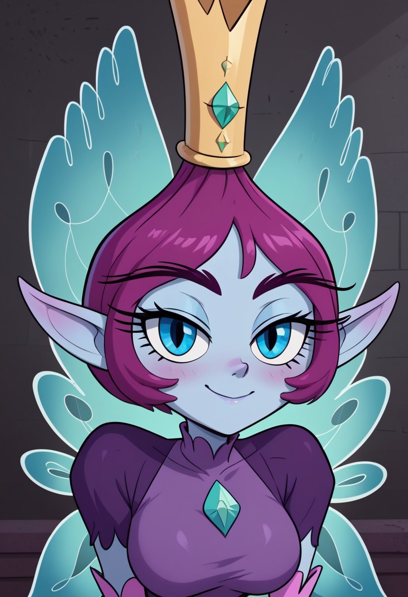 ((bedroom background)),score_9, score_8_up, score_7_up,score_6_up, 
1girl, Solo, fairy, PixieEmpress_Svtfoe, light blue skin, magenta hair, short hair, blue eyes, thick black eyebrows, long eyelashes, pointed ears, small pointed nose, golden crown with a green jewel, purple dress with teardrop shaped neckline on top chest, light pink gloves, light pink high-heeled boots, cyan fairy wings, big eyes, medium stature, social smile, sexy face, close-up, face photo, perfect eyes, perfect smile, looking at the viewer, big breasts, detailed eyes, perfect eyes