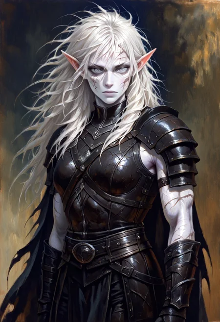 masterpiece, best quality, newest, absurdres, highres, GOTPV1.0, oil painting (medium), 
1girl, pale, white skin, colored skin, pale skin, elf, pointy ears, muscular woman, armor, cape, leather armor, scar, scars on face, white hair, long hair, messy hair, black armor, black leather,
