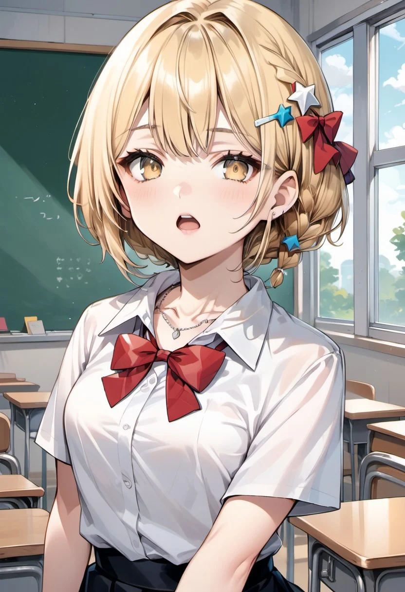 score_9, score_8_up, score_7_up, source_anime,nonoa miyamae, looking at viewer, short hair, open mouth, skirt, blonde hair, shirt, hair ornament, bow, yellow eyes, jewelry, school uniform, collarbone, white shirt, braid, short sleeves, hair bow, solo focus, hairclip, collared shirt, indoors, 1girl, solo, bowtie, black skirt, necklace, star (symbol), red bow, window, scrunchie, red bowtie, star hair ornament, classroom, wrist scrunchie