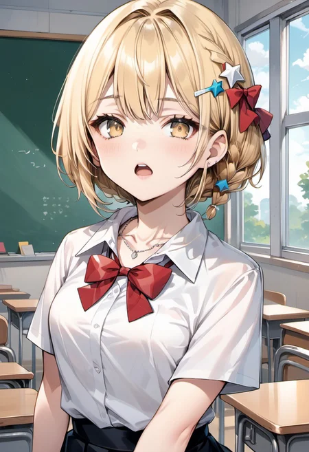 score_9, score_8_up, score_7_up, source_anime,nonoa miyamae, looking at viewer, short hair, open mouth, skirt, blonde hair, shirt, hair ornament, bow, yellow eyes, jewelry, school uniform, collarbone, white shirt, braid, short sleeves, hair bow, solo focus, hairclip, collared shirt, indoors, 1girl, solo, bowtie, black skirt, necklace, star (symbol), red bow, window, scrunchie, red bowtie, star hair ornament, classroom, wrist scrunchie