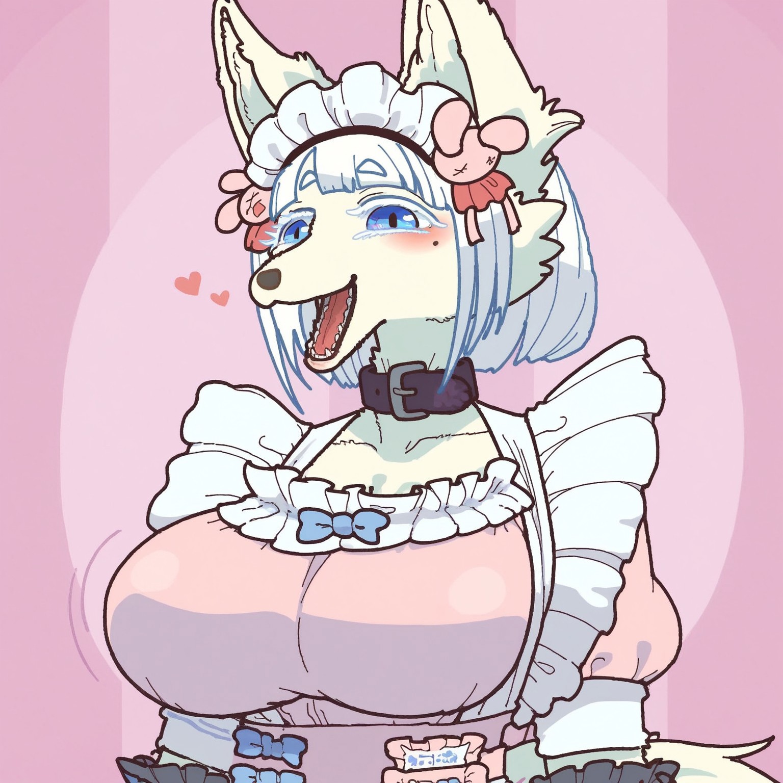 safe_pos, safe_pos, score_9, score_8_up, score_8. score_9, score_8_up, score_7_up, score_6_up, masterpiece, 4k, high quality, (best quality:1.1), ExpressiveH, 
BREAK
1girl, dress, breasts, wrist cuffs, collarbone, happy, puffy sleeves, mole under eye, blue eyes, looking at viewer, facing viewer, front view, narrowed eyes, grin, fox ears, open mouth, frills, body fur, furry female, animal nose, pink dress, black glooves, hearts, Forming heart with fingers, tail, white hair, blue hair, blunt bangs, furry, animal ears, huge breasts, Arching back, (from chest up), bouncing breasts, pink background, portait, cute, blushing
