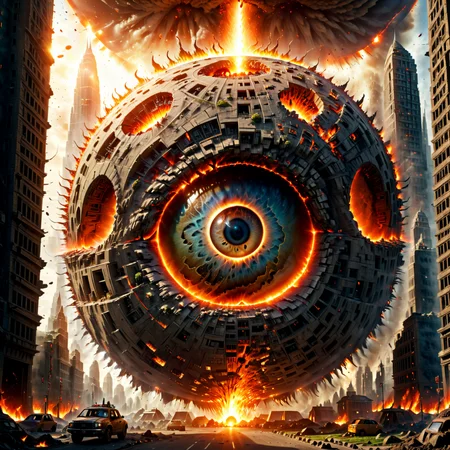 a single huge Elamite Sphere appears from the ground of the city, in the middle of the sphere is a highly detailed and perfectly formed eyeball. Under the sphere, flames erupt from the ground. The sphere is covered by buildings, roads, parks and structures from the city. The scene is cinematic, dramatic and like from a sci-fi movie <lora:Elamite_Sphere:0.8>, masterpiece, 8k,