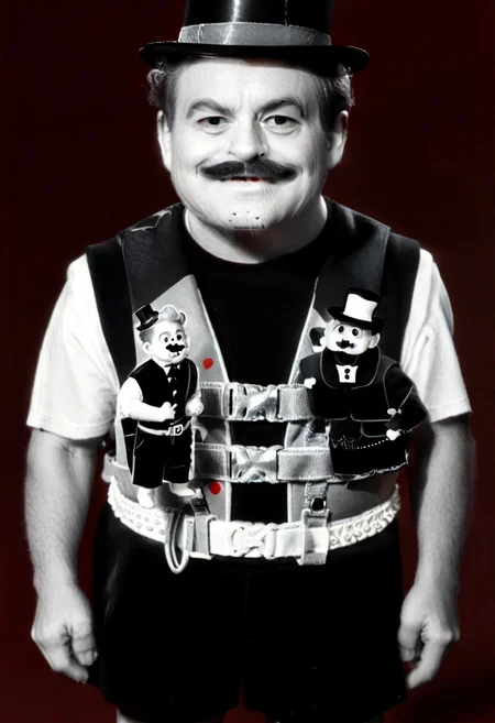 ((((((black and white,black shirt, belt, stubble, red theme, shorts, greyscale, 1boy, life vest)))))),((small man with mustache, top hat, kenbis, chibi, chibi, male only, male, male chibi, monocle, art deco, thick mustache, comically large mustache, handlebar mustache, tiny, multiple men, shrunk, microxl, some little guys, high angle, from above)), bwMovies, realistic, photo, vintage photo, ((very small man, small man, a small man, a man who is small, a small man)), an unapologetically small human male, black and white, smiling, very happy, euphoric, ecstatic, wonderful small men, large smile, huge smile