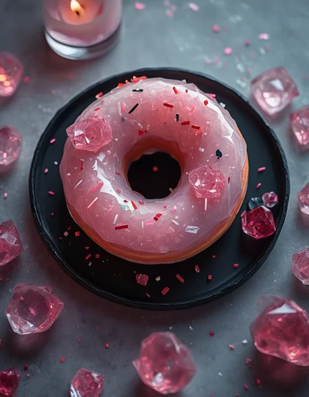 rp_slgd, food photography of translucent glazed crystal donut with sprinkles, romantic af dinner, one cheap candle, greasy donut box, served on folding table, voila... <lora:zzz_trained\xl_rpr_soulgemmed_v1>