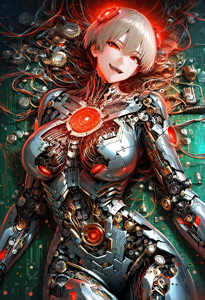 best quality, masterpiece, 8k, ultra detailed, intricate detail, realistic photography, digital painting art style, intricate details, ultra sharp, exquisite detail, vivid colors, exciting background,
rating_safe, sfw,
BREAK,
1girl, solo, uzaki hana from uzaki-chan, fang, curvy,
cybernetic body, glowing skin, led lights on body,
gears in stomach, gear box in body, circuit board in body, circuit on skin,
tilt head, looking at viewer,
green, circuit board,
green circuit board room, circuit board background,
red lights, emergency red lights, blink,