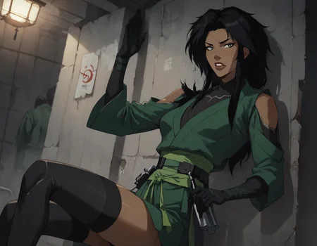 score_9, score_8_up, score_7_up, face focus, extreme closeup, detailed face, 1girl, woman, a mature female, (tall slim athletic female:1.3), skinny, dark-skinned female, black hair, (Leaning with back against an invisible wall),
gloves, thighhighs, japanese clothes, black gloves, black thighhighs, green kimono, bodysuit, belt,
(abandoned warehouse, industrial),
ch3shire,
<lora:ch3shire:1>,
<lora:Blacklight_XL:0.5> blacklight,
<lora:- SDXL - vanta-black_contrast_V3.0:0.5>,
<lora:Concept Art DarkSide Style LoRA_Pony XL v6:0.5>, low light,