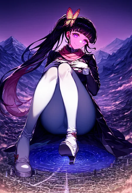 gorgeous lips, cinematic, (masterpiece), (best quality), (ultra-detailed), very aesthetic, perfect composition, intricate details, absurdres, detailed face, (anime, masterpiece, intricate:1.3), (best quality, hires textures, high detail:1.2), score_9, score_8_up, score_7_up, source_anime, 1girl, kanao tsuyuri, black hair, pink highlights, butterfly, butterfly hair ornament, purple eyes, very long hair, side ponytail, ponytail, eyelashes, hair ornament, scarf, dress, black dress, long sleeves, buttons, gloves, white gloves, belt, pantyhose, pink pantyhose, laced high heels, white footwear, skirt, flower patterns, alternate_costume, enormous breasts, facial expression, kind, soft eyes, head tilt, slightly smiling, closed mouth, hand on breasts, goddess, planet size, giantess, growing even bigger, sitting on the ground, ruanyi0639,hugging own legs, floating object, gradient eyes, beautiful detailed eyes, city background, mountain landscape, city, mountain, super tall building, super tall skyscrapers, in the city, solo, holding planet, (masterpiece:1.4), (best quality:1.4), (ultra-detailed:1.2), gl0w, glow,