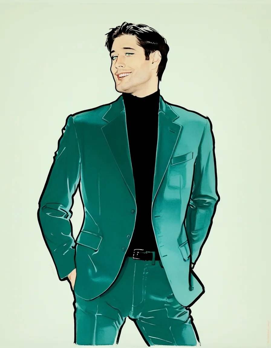 japanese line painting of de4n man, male, slutty, <lora:RG2:1.2>in the style of rene gruau, vogue, illustration, style, minimalistic>, dynamic pose, black turtleneck, blue velvet jacket <lora:de4n-niji-00-000008:1>, turning around, dreamy green eyes, white background, :d, happy, laughing