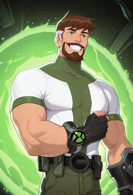 masterpiece, best quality, amazing quality, very aesthetic, absurdres, newest,,
  ben10k, brown hair, male focus, facial hair, beard, short hair, mustache, mature male, muscular, green eyes, white shirt,, utility belt, green turtle neck,  full facial hair,, two-tone hair, black gauntlet on right arm, fingerless gloves, green strip on shirt,
portal background, green portal, tentacles from portal, smiling, teeth,