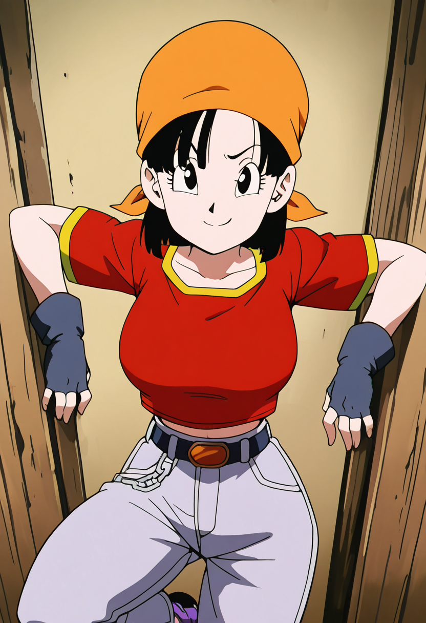 masterpiece, best quality, solo, curvy, beautiful eyes, aged up, large breasts, narrow waist, wide hips, 1girl, solo, smile, looking at viewer, foreshortening, close up,    zzPan, black hair, short hair,  bandana, fingerless gloves, red shirt, denim jeans,   ,<lora:PanDBGT_IXL:1.0>,leaning on wall, one leg bent, smug, looking at viewer,