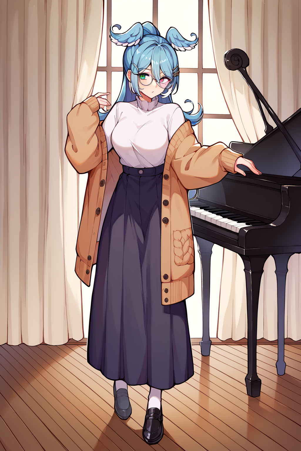 score_9, score_8_up, score_7_up, uncensored, source_anime, 1girl, <lora:speliraPendoraXLPony:1> elira3st, long hair, heterochromia, round glasses, off shoulder, cardigan sweater, long sleeves, high-waist skirt, long skirt, hairclip, white socks, black footwear, colored pencil (medium), cowboy shot, curtains, grand piano, indoors, instrument, piano, traditional media, white theme, wooden floor