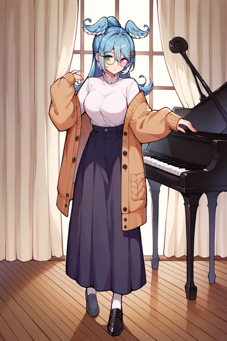 score_9, score_8_up, score_7_up, uncensored, source_anime, 1girl, <lora:speliraPendoraXLPony:1> elira3st, long hair, heterochromia, round glasses, off shoulder, cardigan sweater, long sleeves, high-waist skirt, long skirt, hairclip, white socks, black footwear, colored pencil (medium), cowboy shot, curtains, grand piano, indoors, instrument, piano, traditional media, white theme, wooden floor