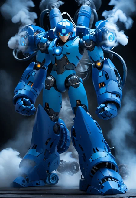 megaman,rockman, blue armor, arm cannon[blue] mech  surrounded by steam  <lora:RM_MechArmor_v1.8:1>, mech style, scifi, futuristic, detailed mech 3D rendering, intricate design, dynamic lighting, captivating visuals, high-quality rendering techniques, futuristic aesthetics, volumetric, 4k, smoke