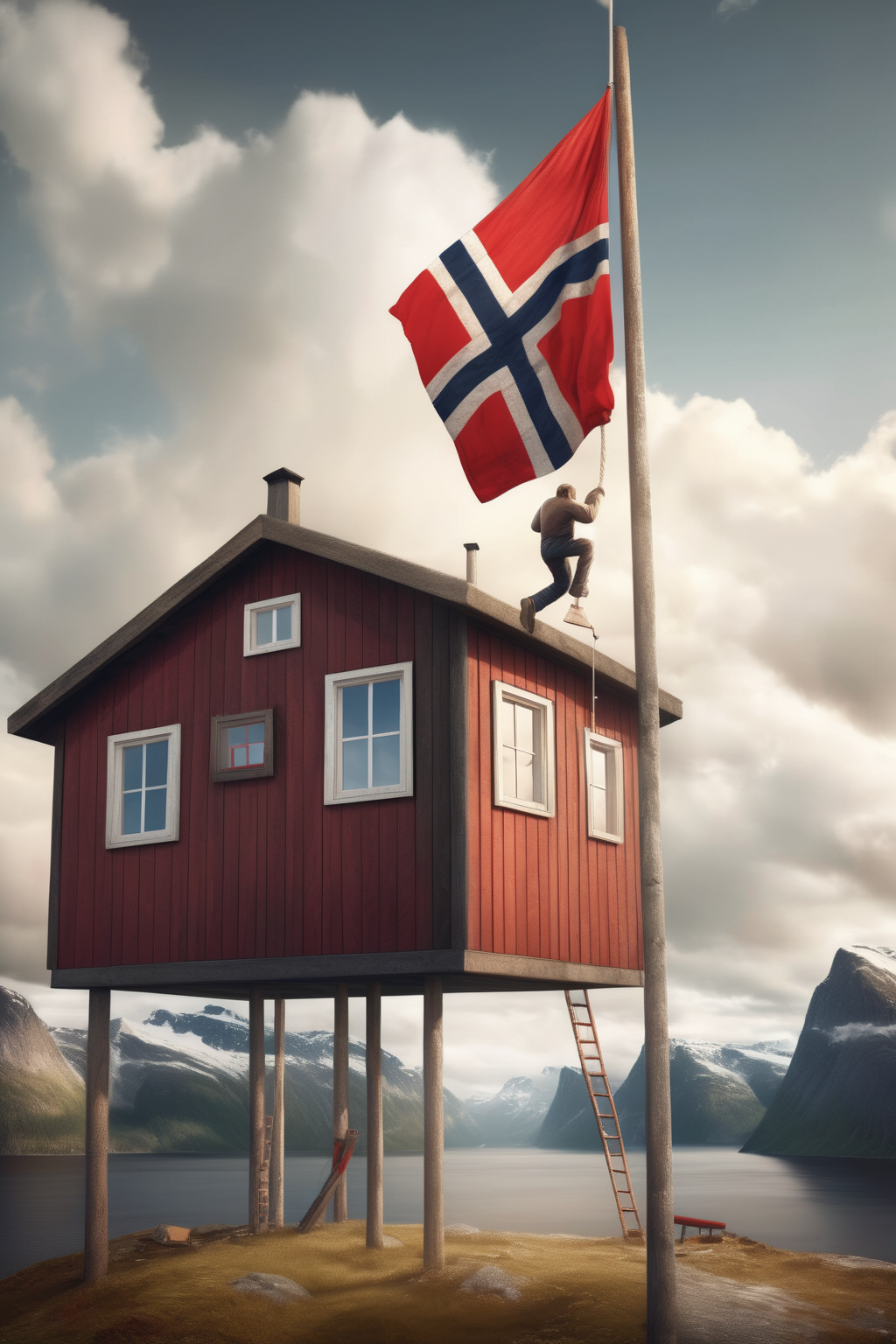 <lora:Erik Johansson Style:1>Erik Johansson Style - photorealistic. way to high flag pole with norwegian flag in the country beside a cabin. a man is climbing the pole, but almost falling down. The flag pole is really high. the flag pole is almost breaking and the man falls down.
